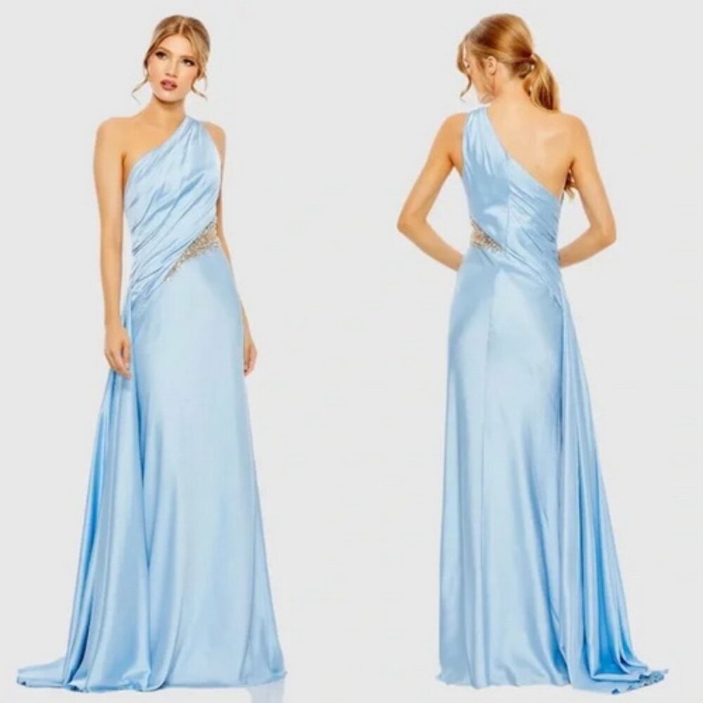 Mac Duggal Light Blue One-Shoulder Maxi Dress